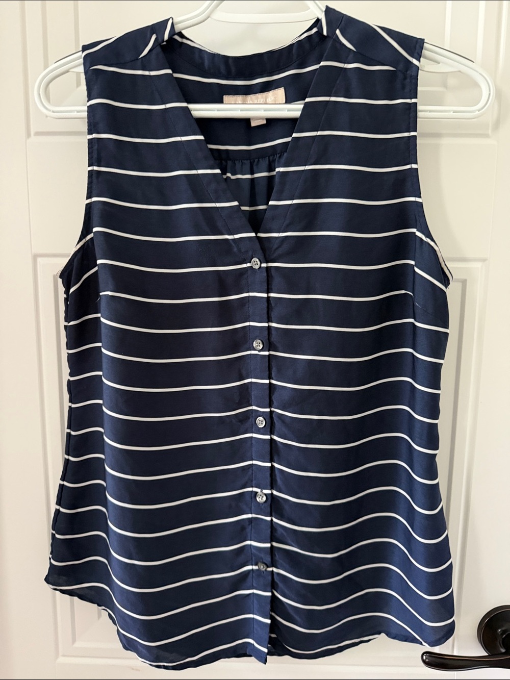 Banana Republic Navy and White Striped Sleeveless Button Blouse